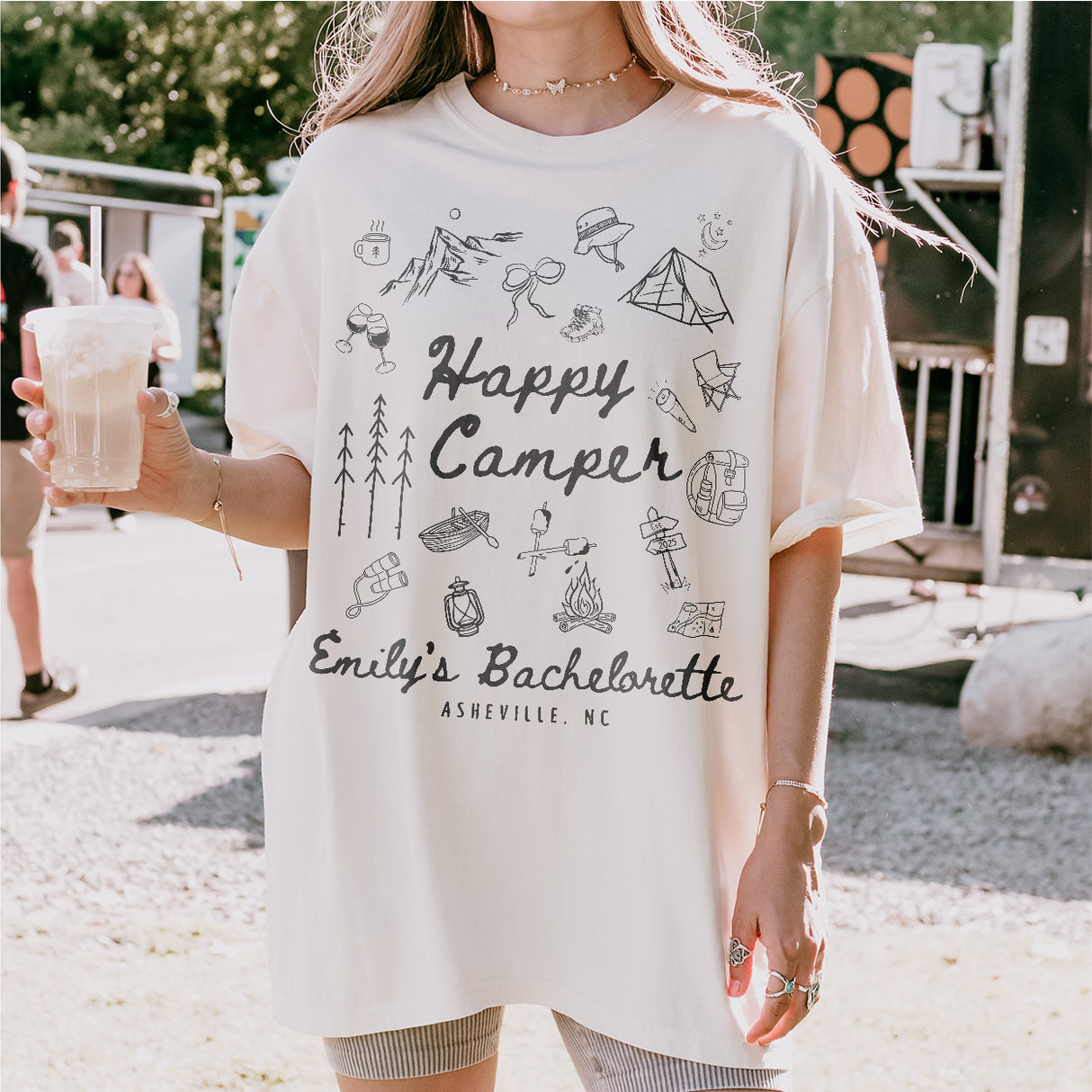 Custom Camp Bachelorette Party Shirts Comfort Colors® Happy Camper Shirt Camping Themed Bach Lake Mountain Bride Tee Hiking Bridal Party Top - lifestyle Image