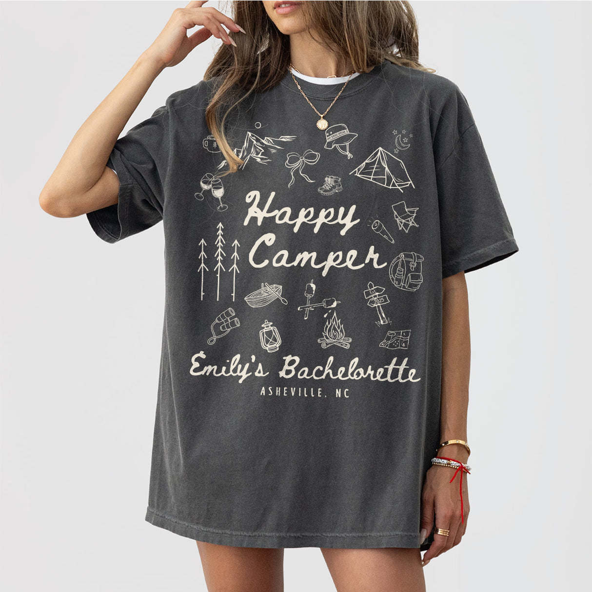 Custom Camp Bachelorette Party Shirts Comfort Colors® Happy Camper Shirt Camping Themed Bach Lake Mountain Bride Tee Hiking Bridal Party Top - Pepper Product Image