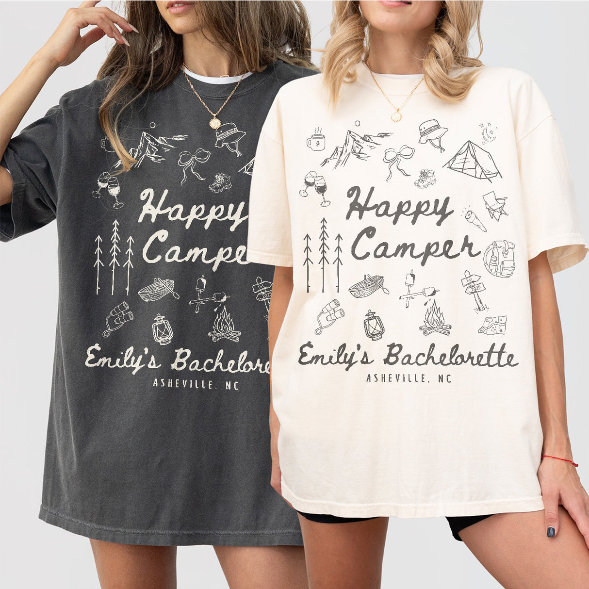 Custom Camp Bachelorette Party Shirts Comfort Colors® Happy Camper Shirt Camping Themed Bach Lake Mountain Bride Tee Hiking Bridal Party Top - matching Image