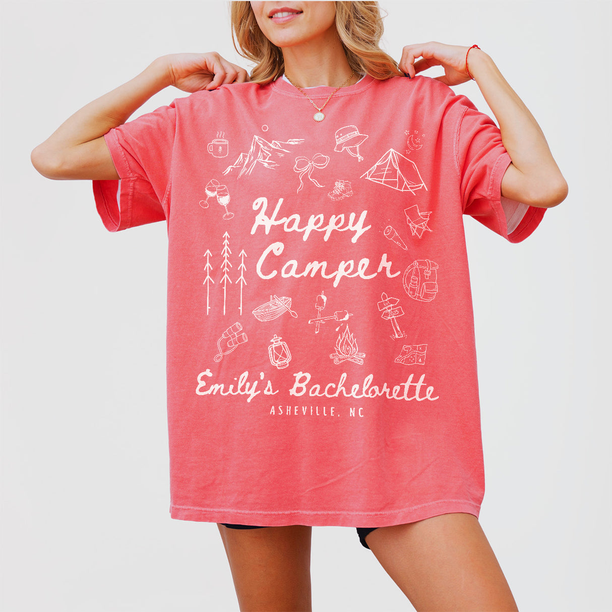 Custom Camp Bachelorette Party Shirts Comfort Colors® Happy Camper Shirt Camping Themed Bach Lake Mountain Bride Tee Hiking Bridal Party Top - Watermelon Product Image