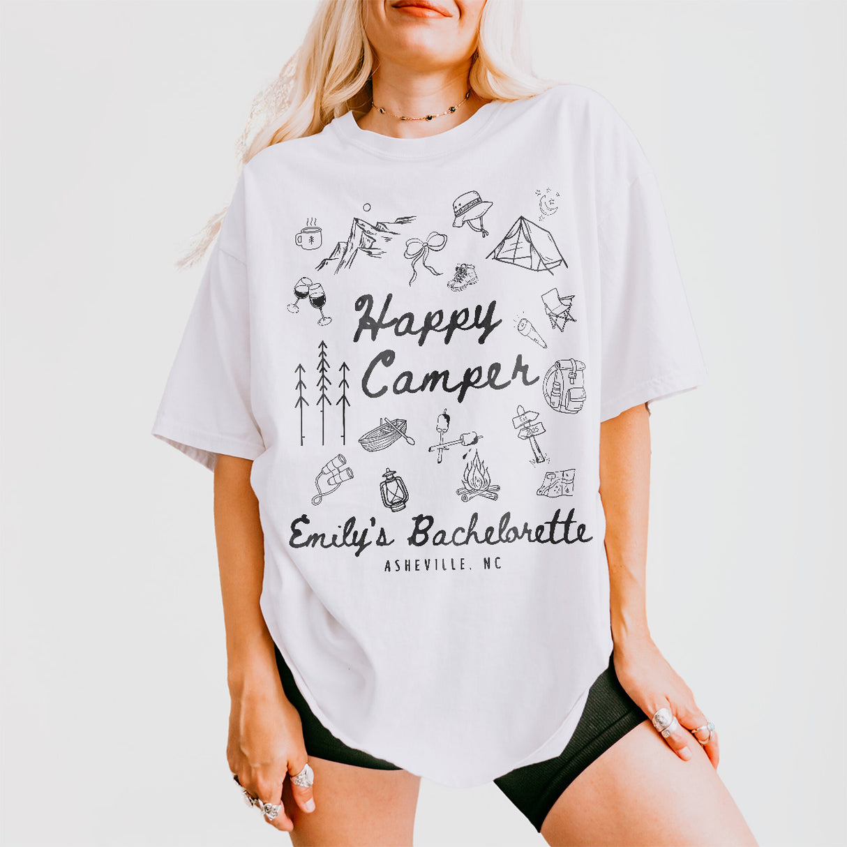 Custom Camp Bachelorette Party Shirts Comfort Colors® Happy Camper Shirt Camping Themed Bach Lake Mountain Bride Tee Hiking Bridal Party Top - White Product Image