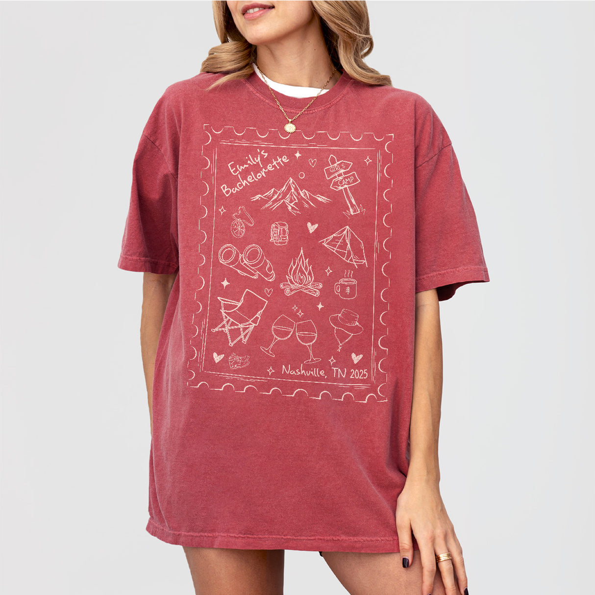 Crimson cotton camping shirt perfect for bachelorette weekend in the mountains, lake trip, or outdoorsy bridal party before the wedding