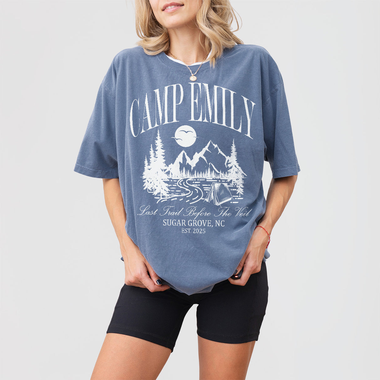 Custom Camping Bachelorette Shirt Last Trail Before the Veil Camp Bachelorette Party Shirts Mountain Wedding Camp Bach Bride To Be Gift - Blue Jean Product Image