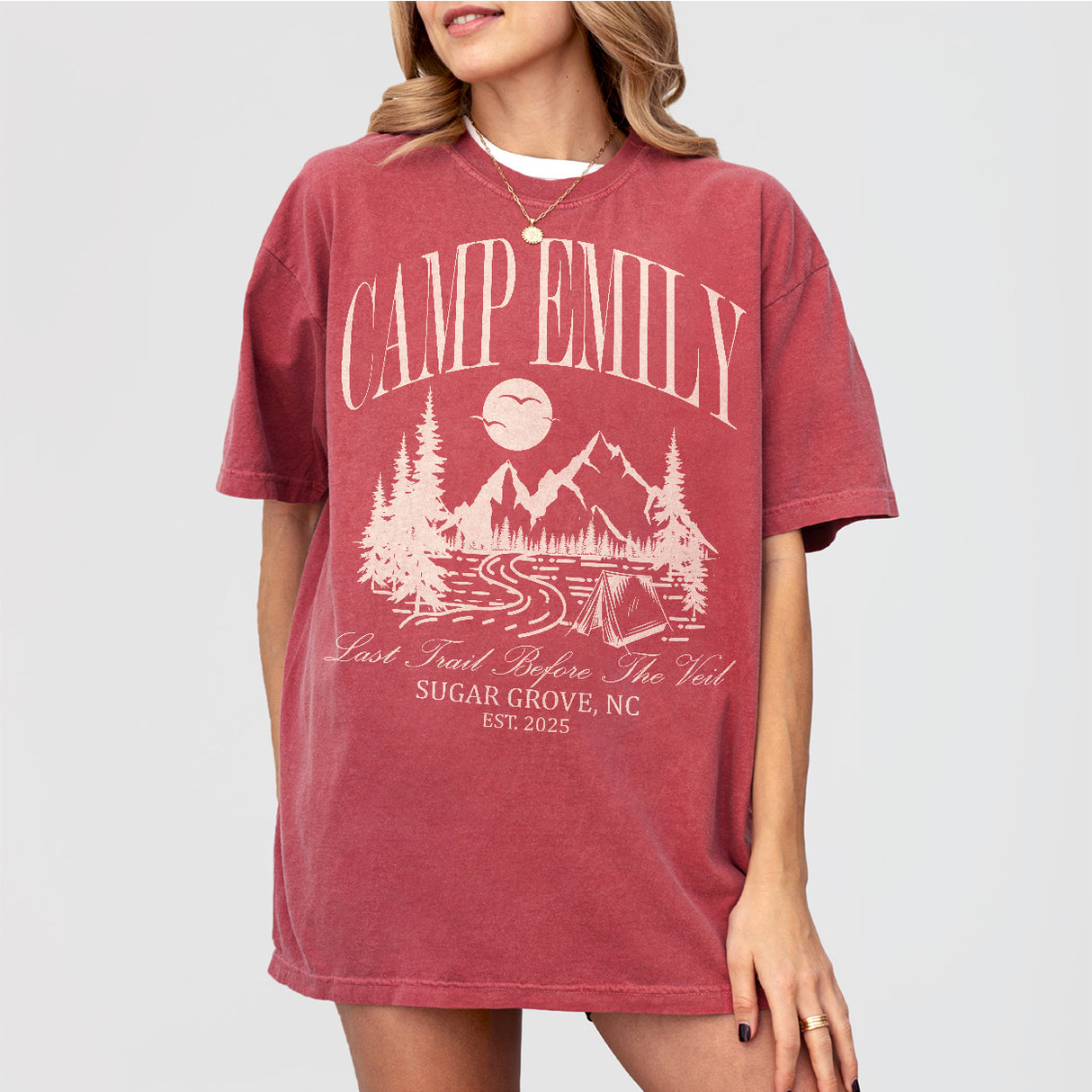Custom Camping Bachelorette Shirt Last Trail Before the Veil Camp Bachelorette Party Shirts Mountain Wedding Camp Bach Bride To Be Gift - Crimson Product Image