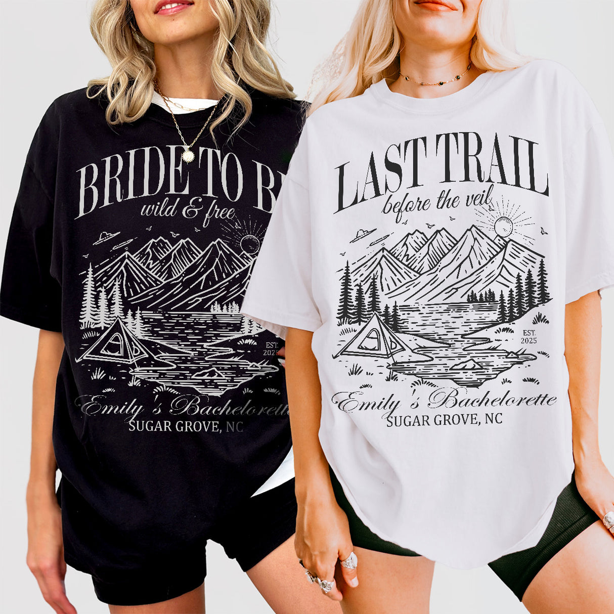 Matching shirts for the bride's bachelorette camping crew featuring a "Last Trail Before the Veil" mountain design