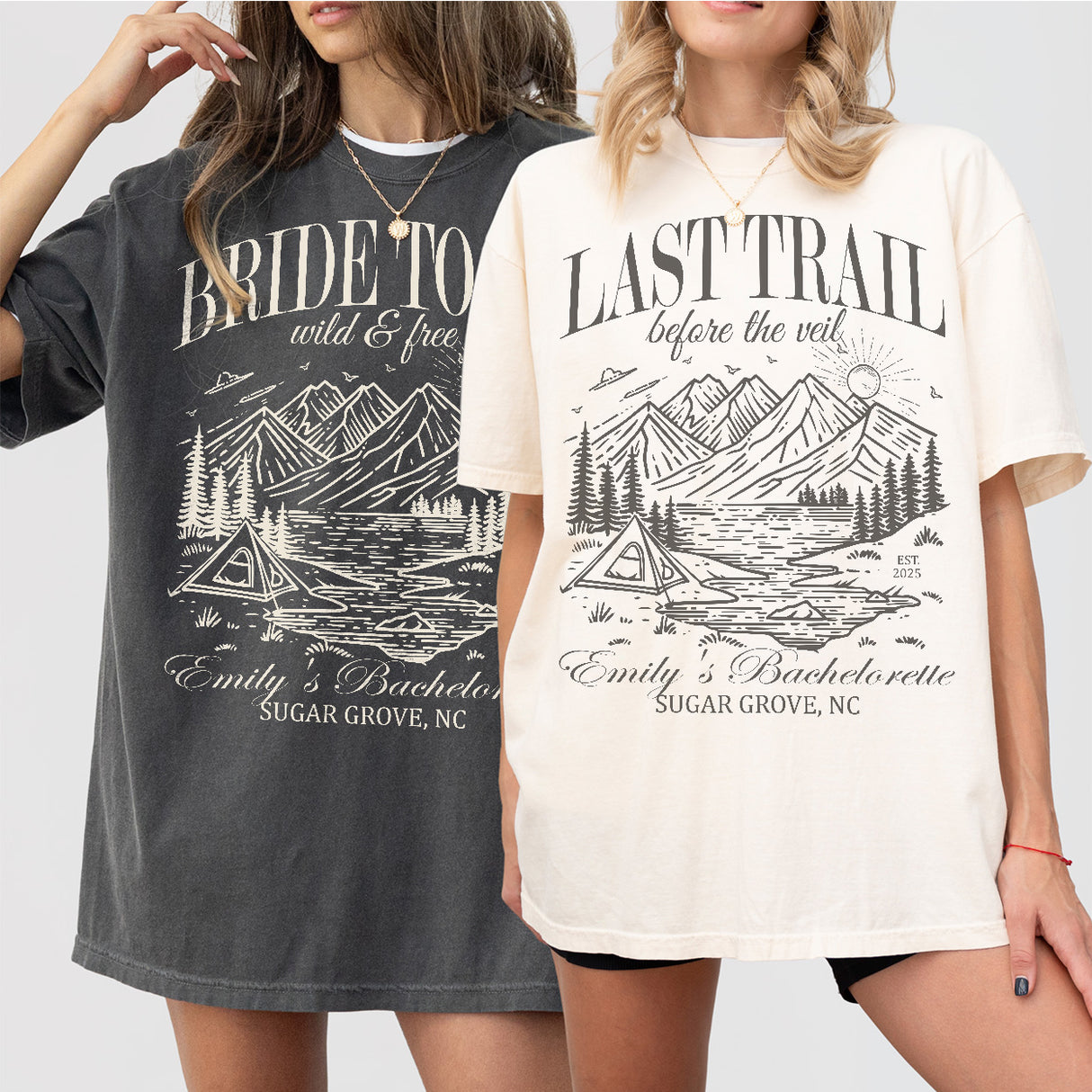 Matching shirts for a wild and free bachelorette camping trip, perfect for the bride-to-be and her bridal party before the veil