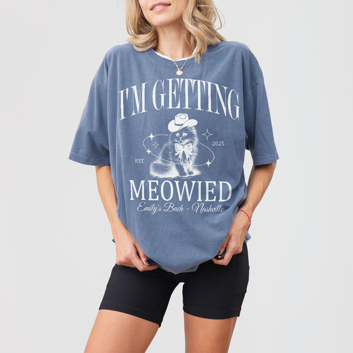 Cute blue jean cat-themed bachelorette party shirt for the bride-to-be or bridal party, perfect for a cat lover's bachelorette weekend or getting meowied celebration