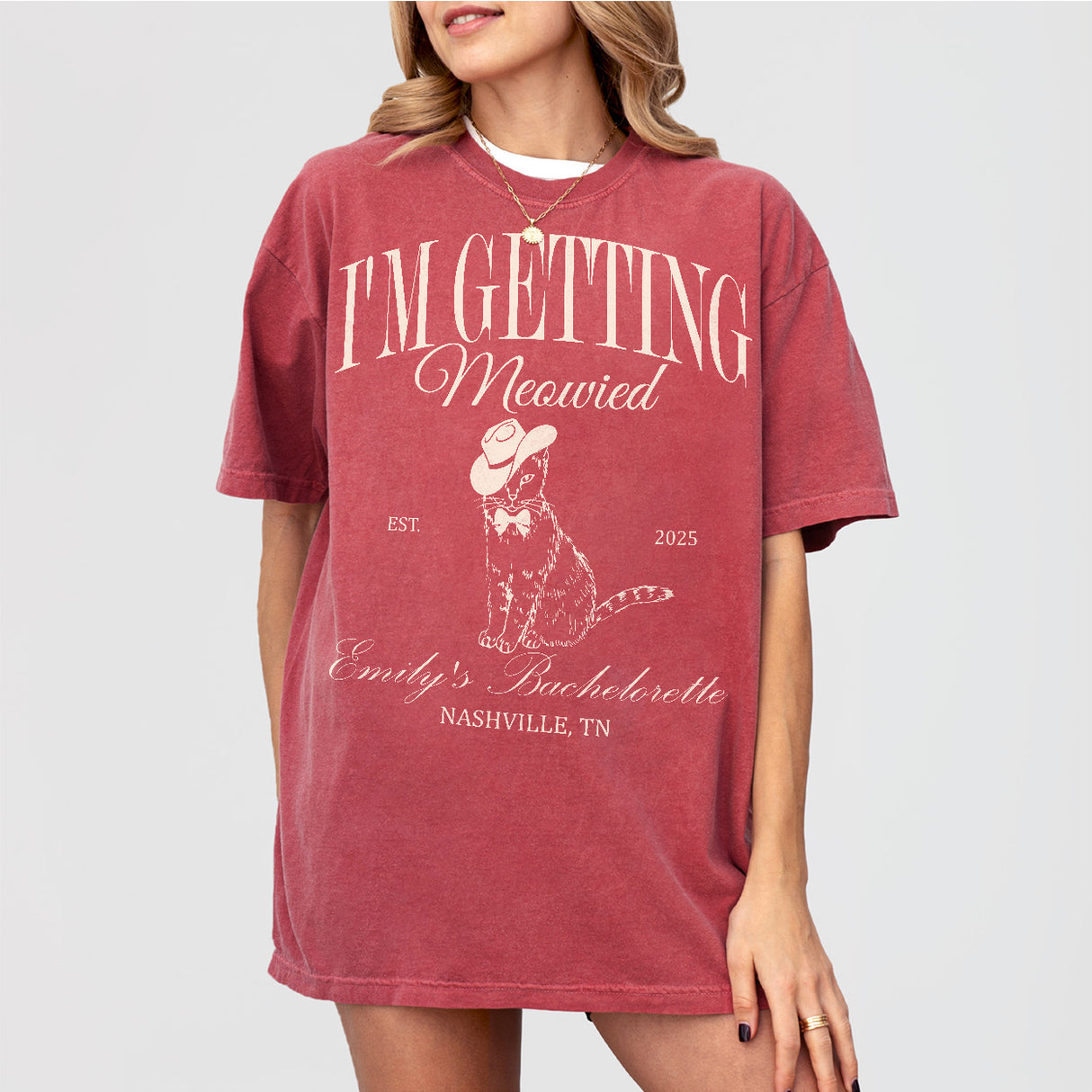 Crimson cotton bachelorette party shirt featuring a cat bride design with the text "Getting Meowied" - perfect cat themed bridal party gift