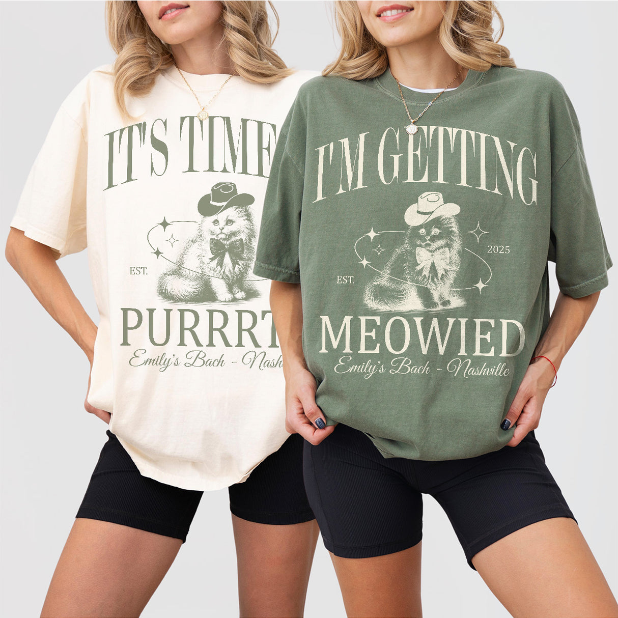 Custom cat themed bachelorette shirts for the bridal party to coordinate during the cat bride's bachelorette trip or wedding events