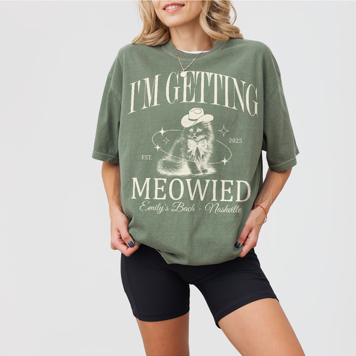 Moss green cotton shirt with cute cat design for bachelorette parties, getting meowied bridal celebration, or cat lover bride-to-be gift