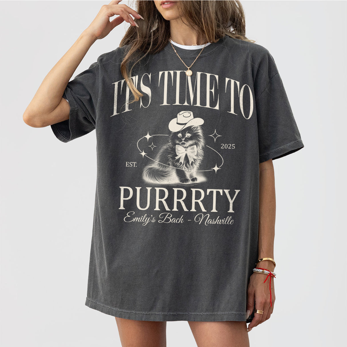 Bridal party custom cat bride and getting meowied bachelorette party shirts in a pepper shade for the cat lover bride-to-be