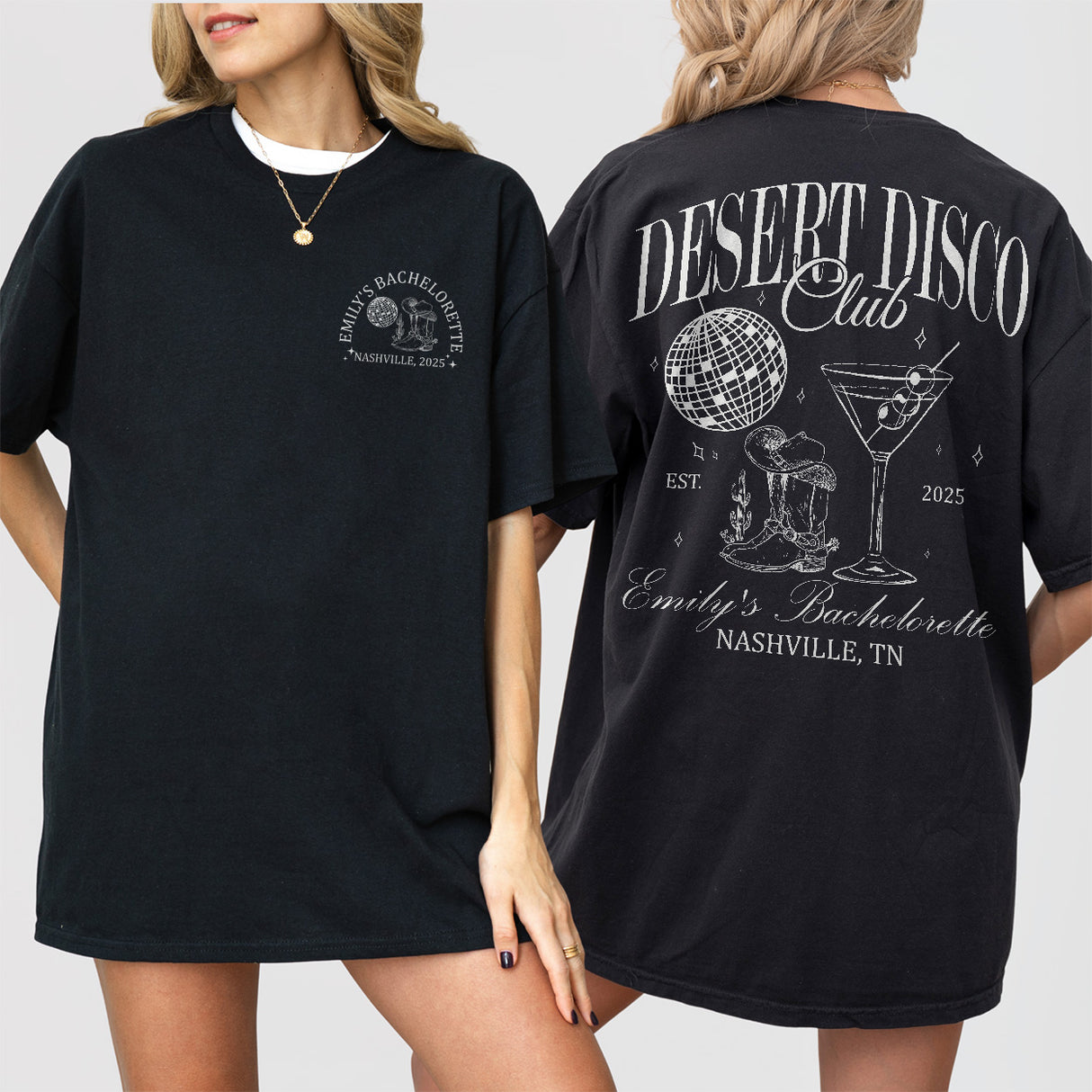 Black cotton bachelorette shirt with disco-inspired design, perfect for a luxury desert bachelorette celebration in Scottsdale or western-themed bride-to-be merch
