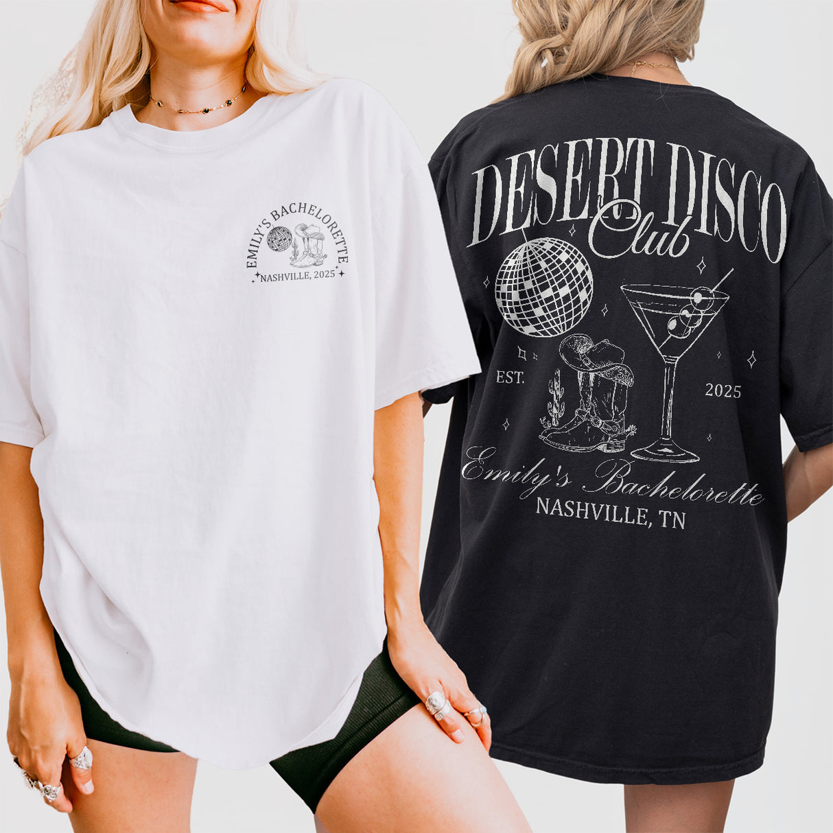 Matching disco-themed cotton bachelorette shirts for a desert or western bridal party's coordinated weekend celebration outfits