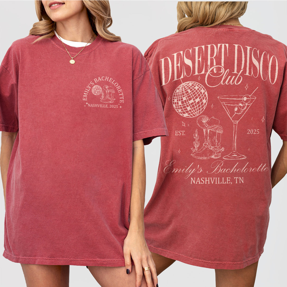 Crimson cotton bachelorette party shirt with a desert disco design, perfect for a luxury western-themed bride-to-be celebration in Scottsdale