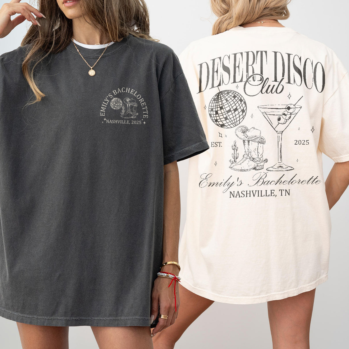 Fun custom bachelorette shirts featuring a desert disco design for the bride and bridesmaids to coordinate in Scottsdale