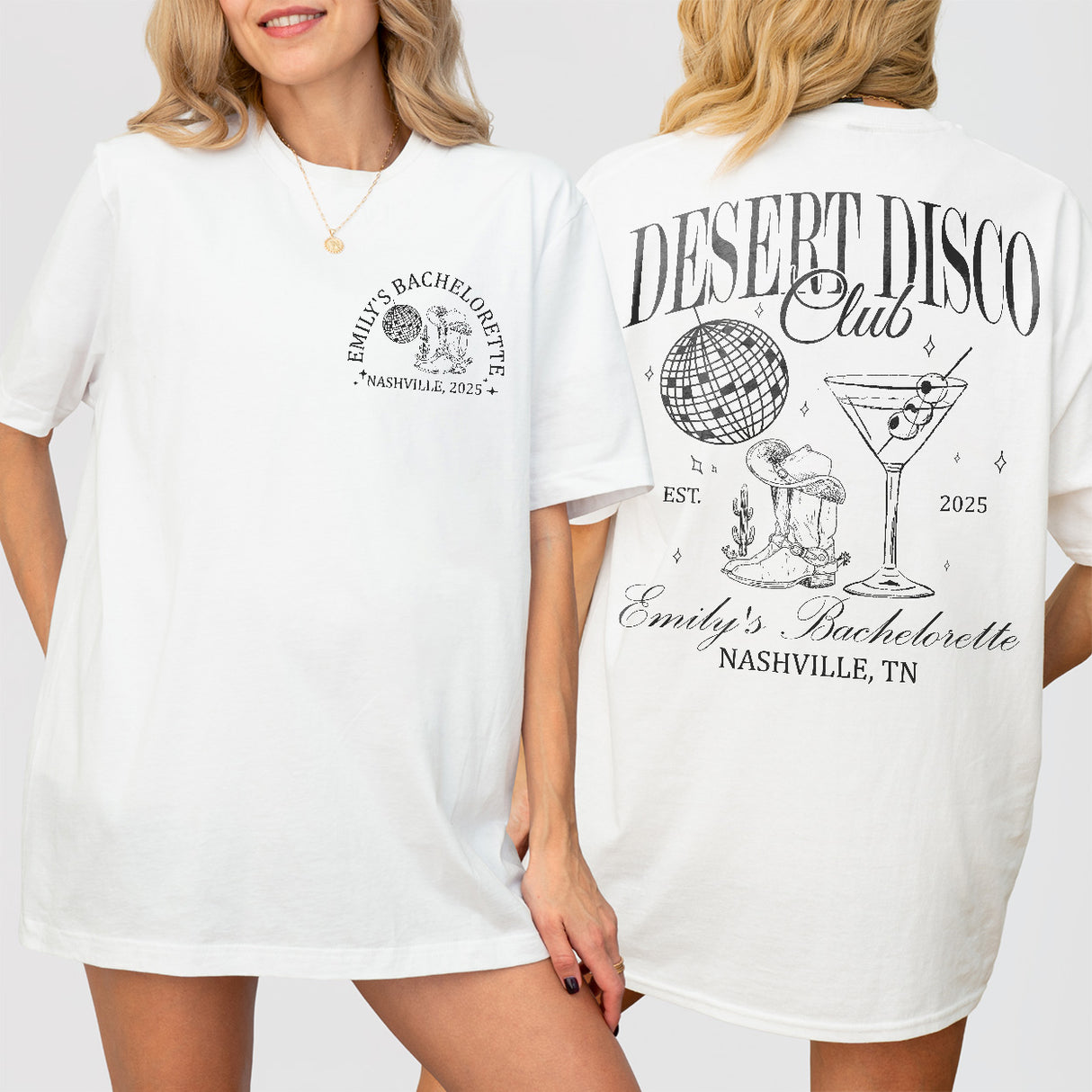 Bridal white cotton shirt personalized for a luxury desert disco bachelorette party, perfect for the bride-to-be in Scottsdale or a western themed celebration