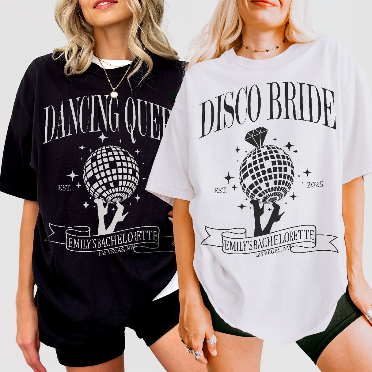 Disco bachelorette party shirts with "Dancing Queen" and "Last Disco" designs in vibrant colors for a fun bridal party look