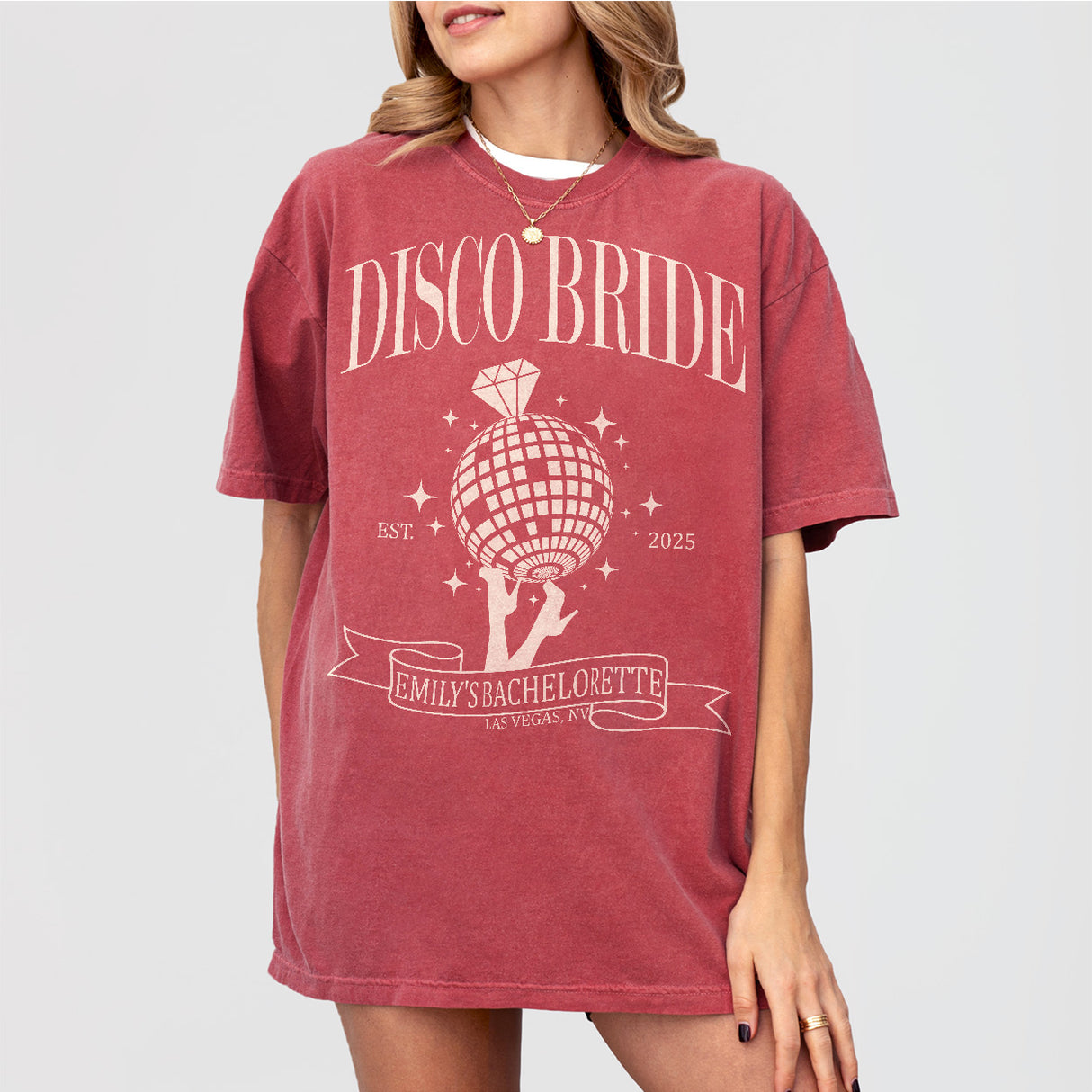 Crimson cotton bachelorette party shirt with retro disco-inspired graphics, ideal for the bride or bridal party to wear dancing