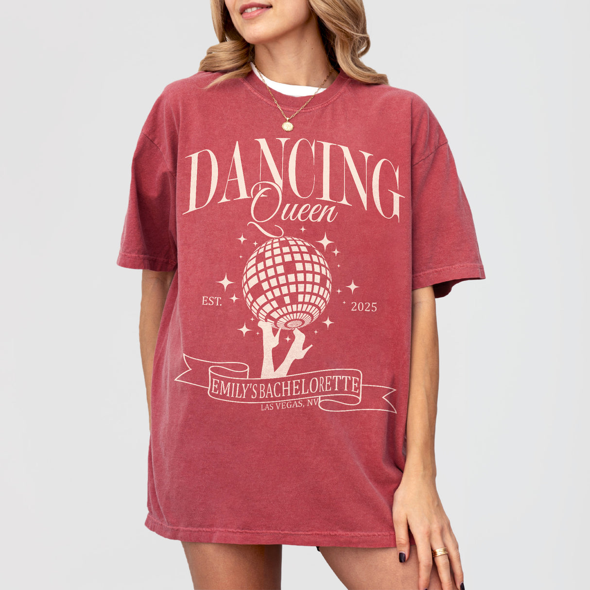 Crimson cotton disco bride shirt perfect for the bachelorette party dancing queen to celebrate her last fling before the ring