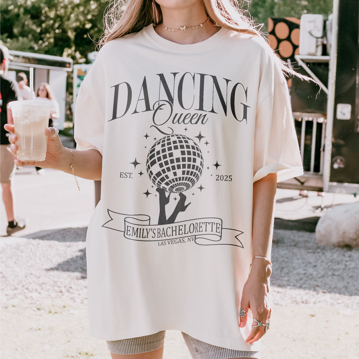 Bride and bridesmaids wearing matching disco bachelorette shirts for a fun, retro-themed bachelorette party celebration