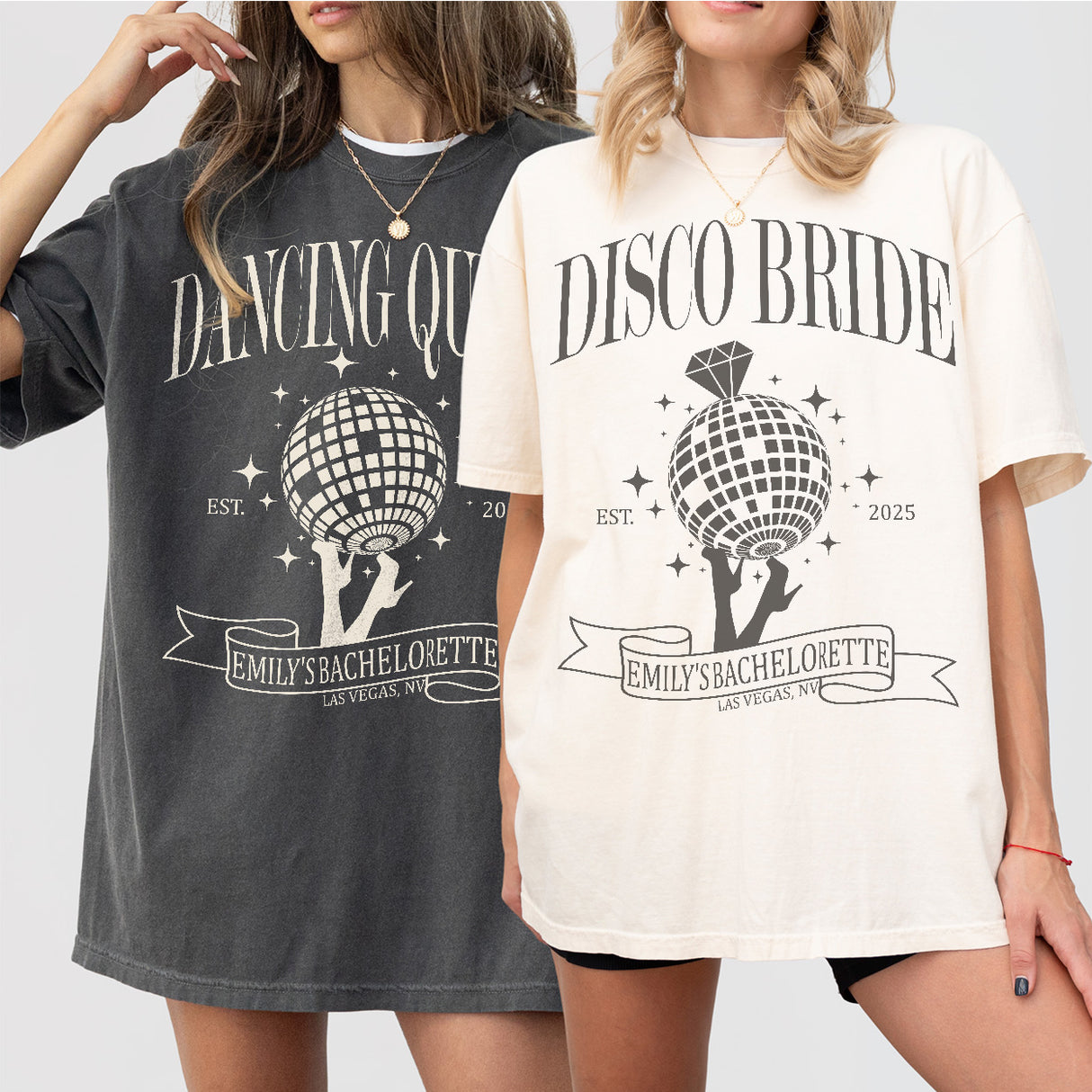 Disco-themed matching shirts for a bachelorette party celebrating the bride-to-be as the dancing queen before her wedding day