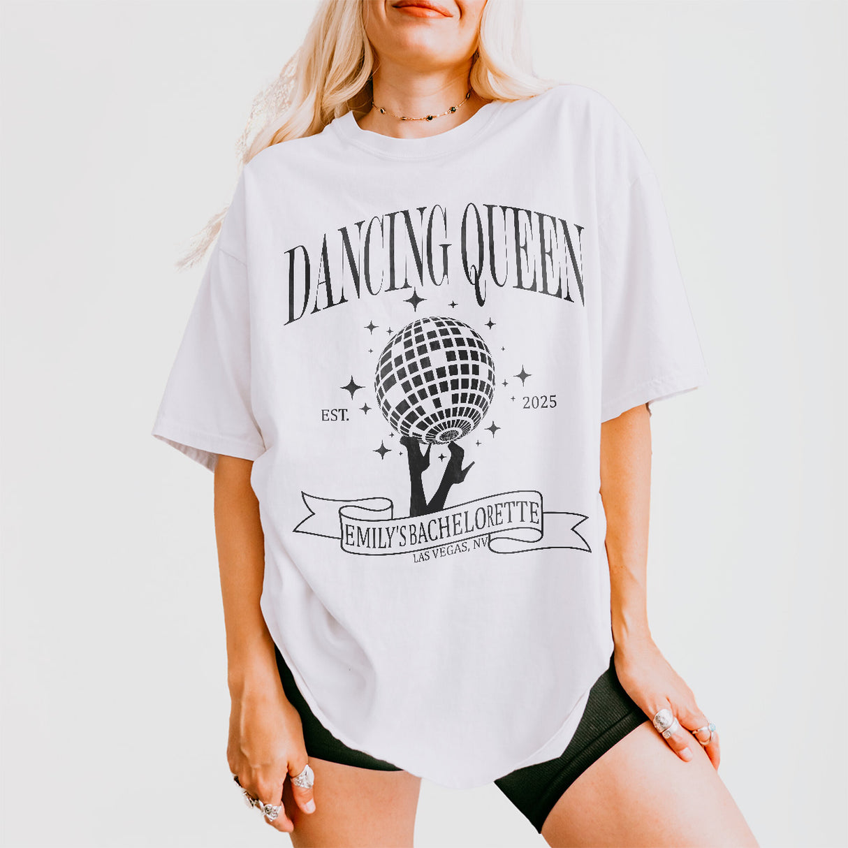 Customizable white cotton disco bachelorette party shirt featuring fun designs perfect for the bride and bridal party's last fling
