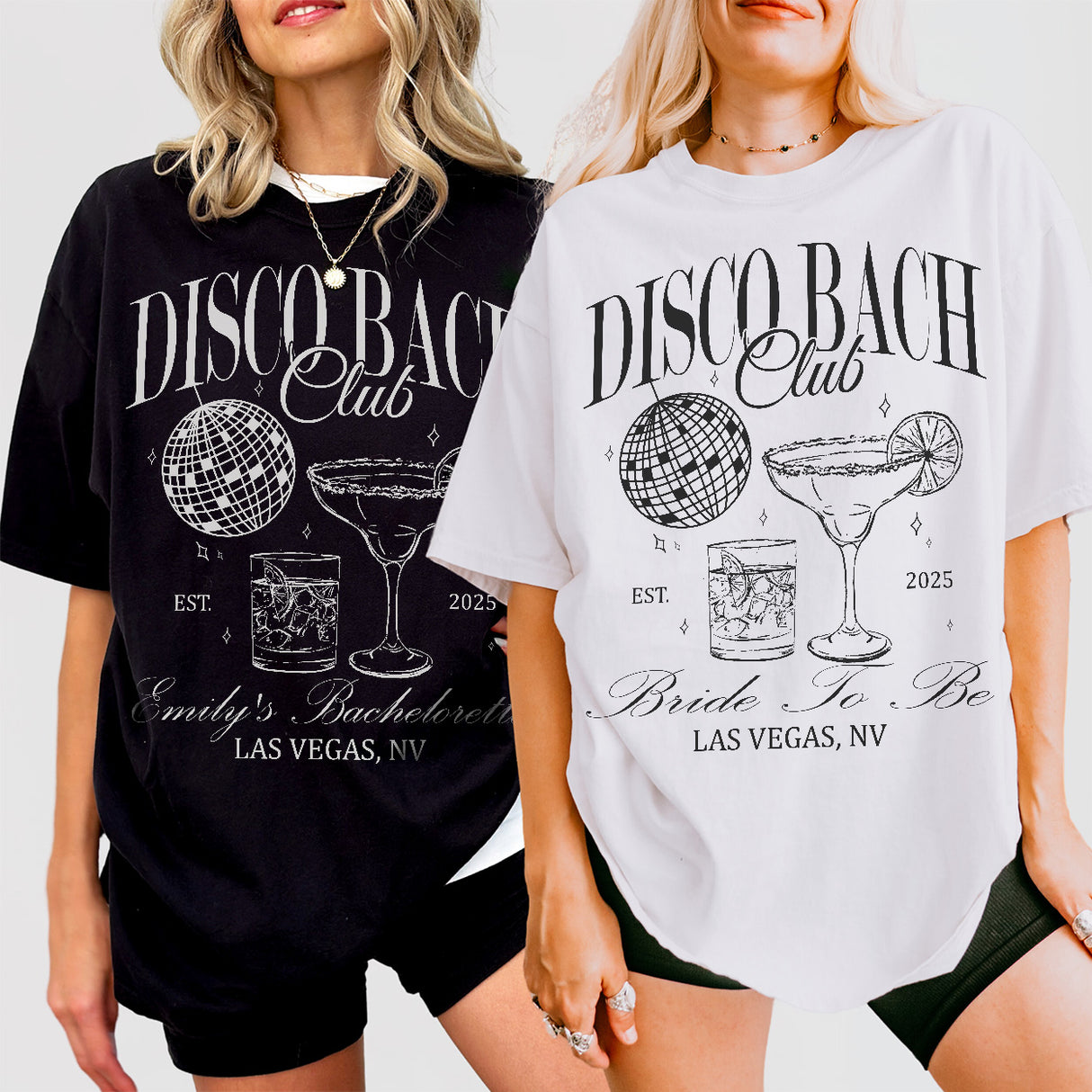 Matching disco bachelorette party shirts for the bride-to-be and her bridal crew to celebrate the last fling before the ring