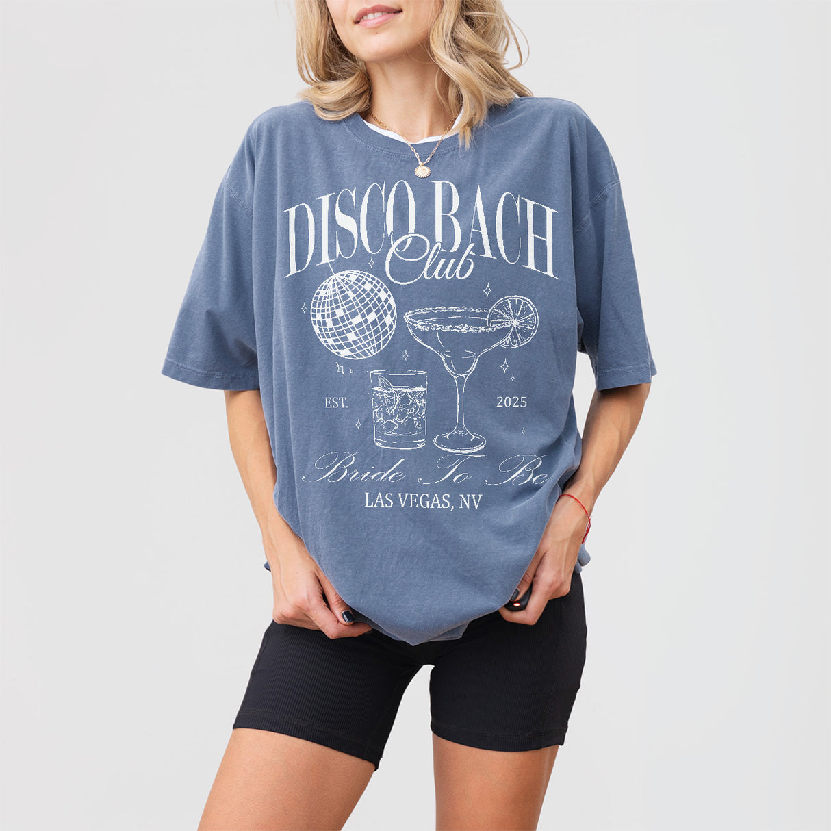 Personalized blue denim shirt for a disco-themed bachelorette party, perfect for the bride-to-be and bridal party gifts