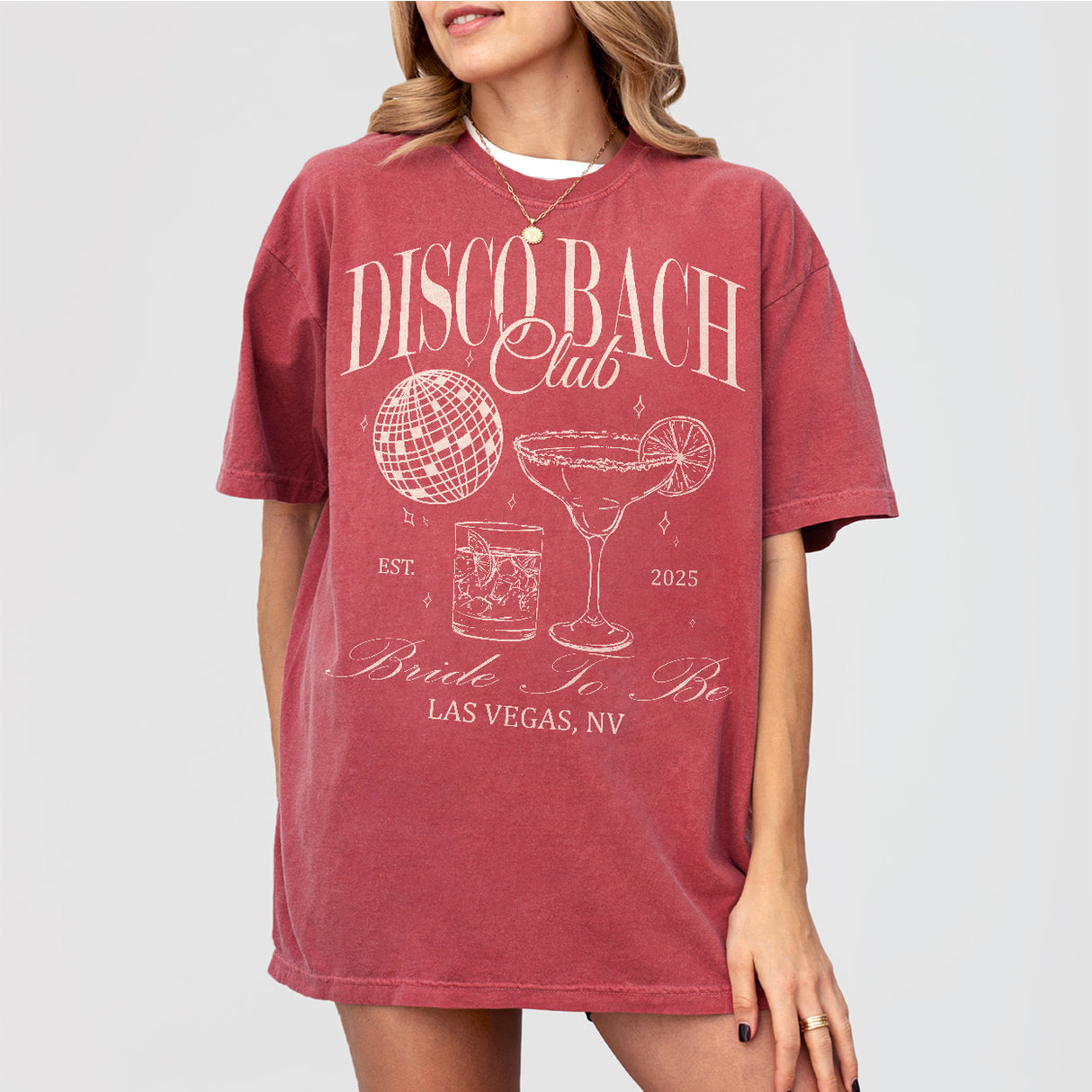 Crimson cotton bachelorette party shirt with disco-inspired theme and personalization for the bride-to-be and bridal party