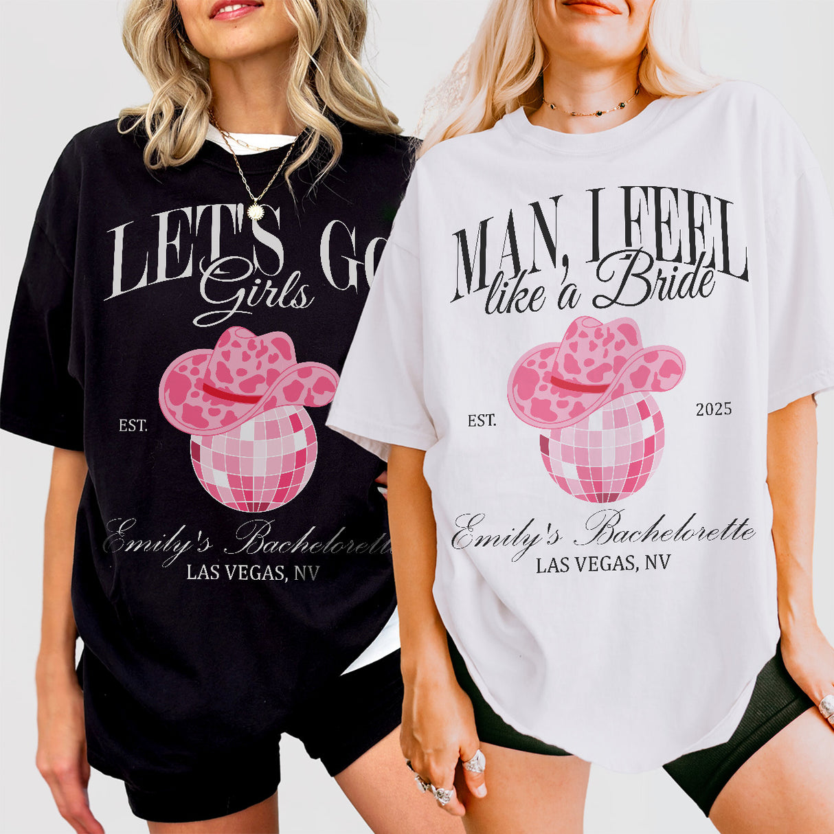 Matching cowgirl bachelorette shirts with "I Feel Like a Bride" slogan for bride, maid of honor, and bridal party celebrations in Nashville