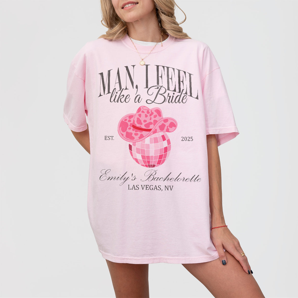 Bachelorette party shirt with a fun disco cowgirl design, featuring "Man I Feel Like a Bride" text for Nashville bach celebrations