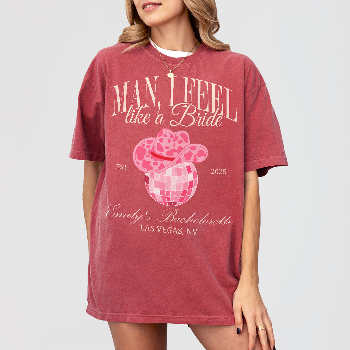 Cotton bachelorette party shirt in crimson with cowgirl-inspired disco bride and wedding party graphics for Nashville bach celebrations