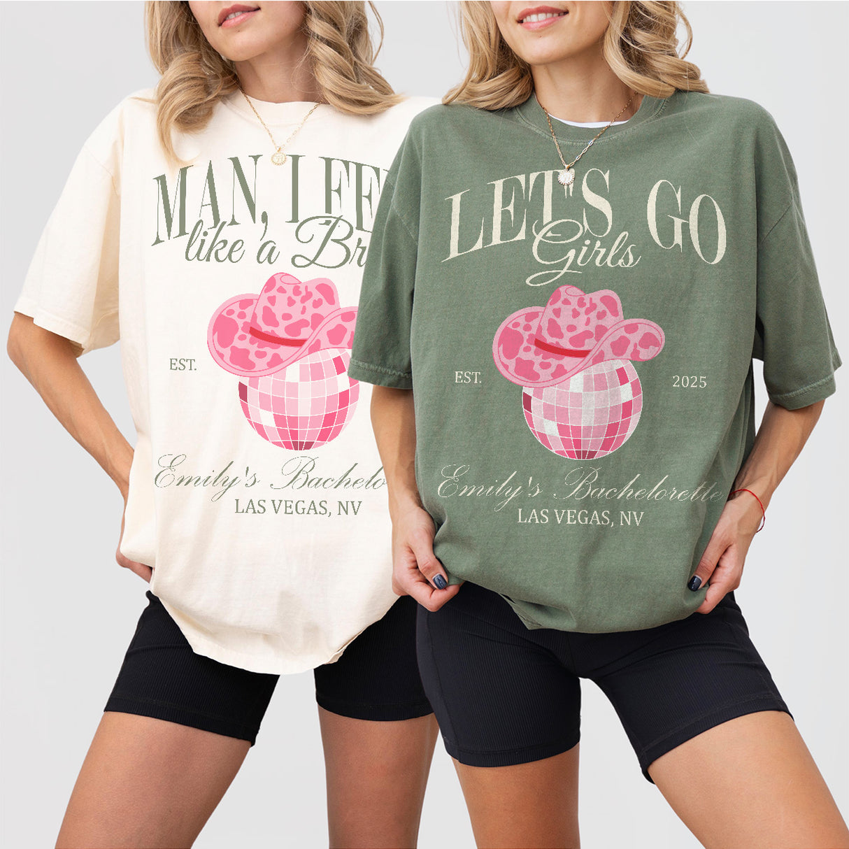 Matching disco cowgirl bachelorette party shirts for the bride, maid of honor, and bridal party in Nashville, Tennessee