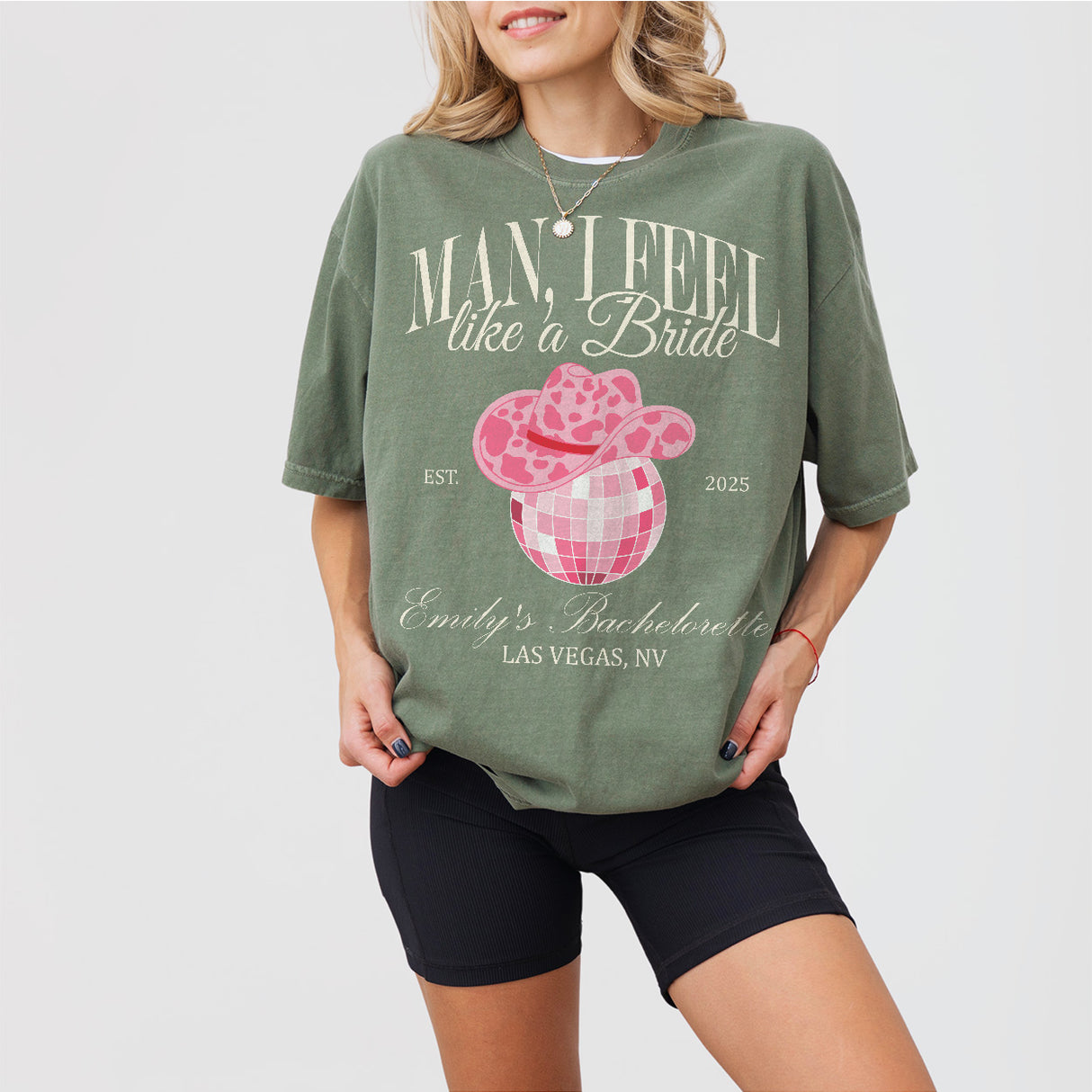 Custom moss green cotton shirt for bachelorette party cowgirls, bride and maids of honor, with Nashville bachelorette party print design