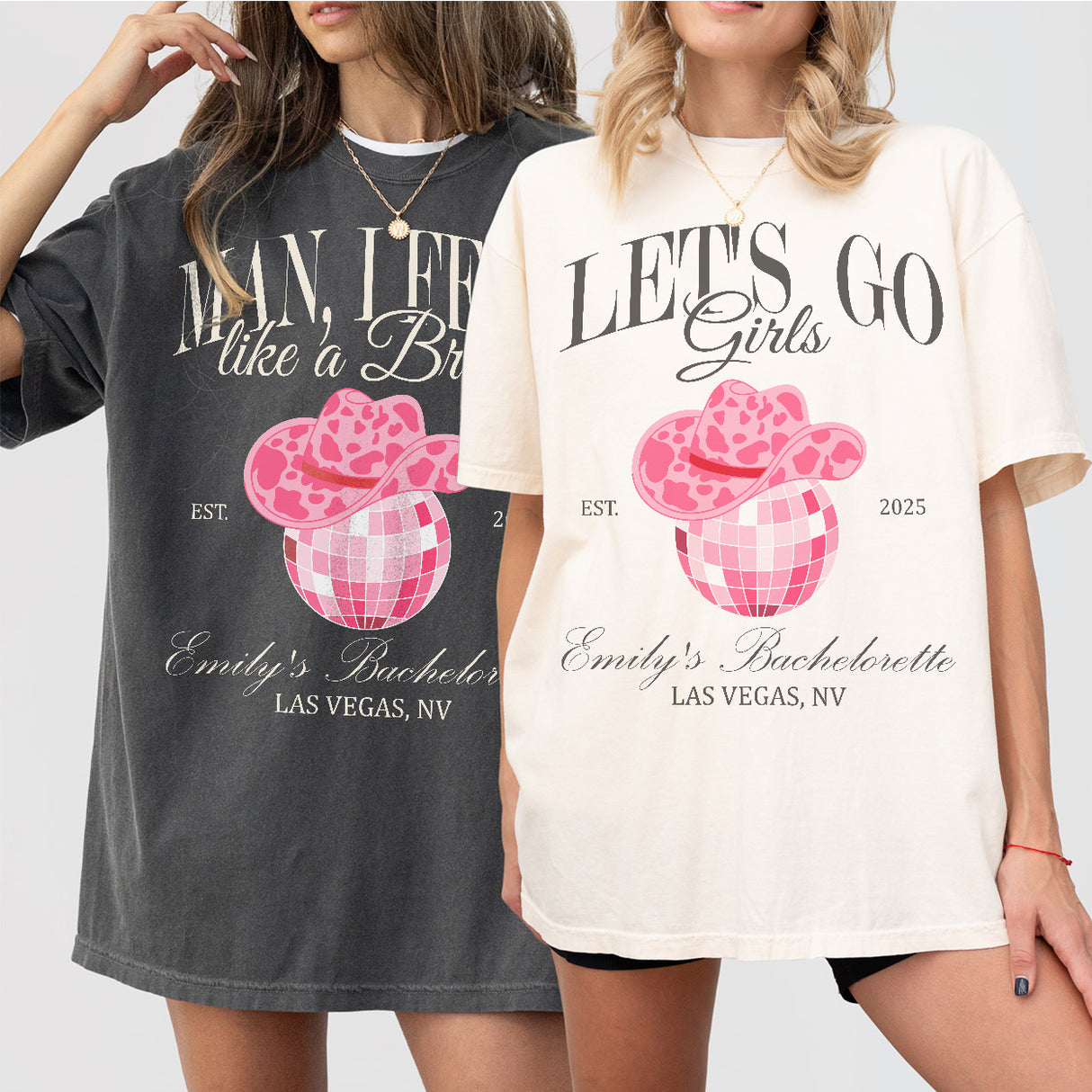 Matching disco cowgirl bachelorette party shirts for the bride and her bridal party, featuring a fun Nashville bachelorette weekend theme