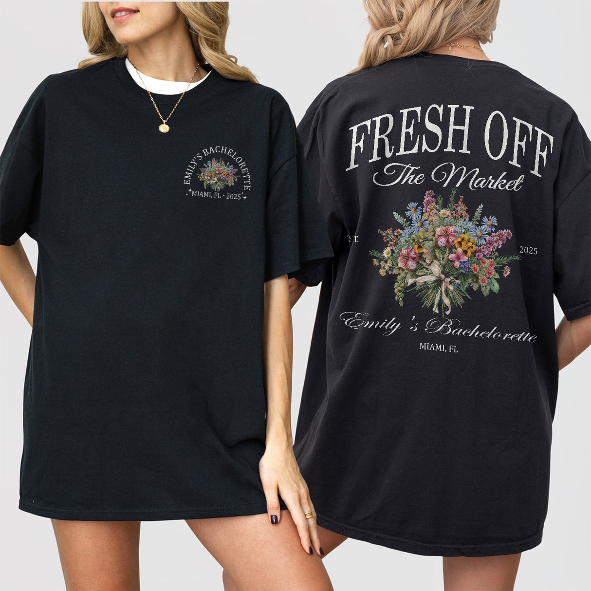 Custom black cotton bachelorette shirt with wildflower floral design, perfect for the bride-to-be on her last fling before the ring