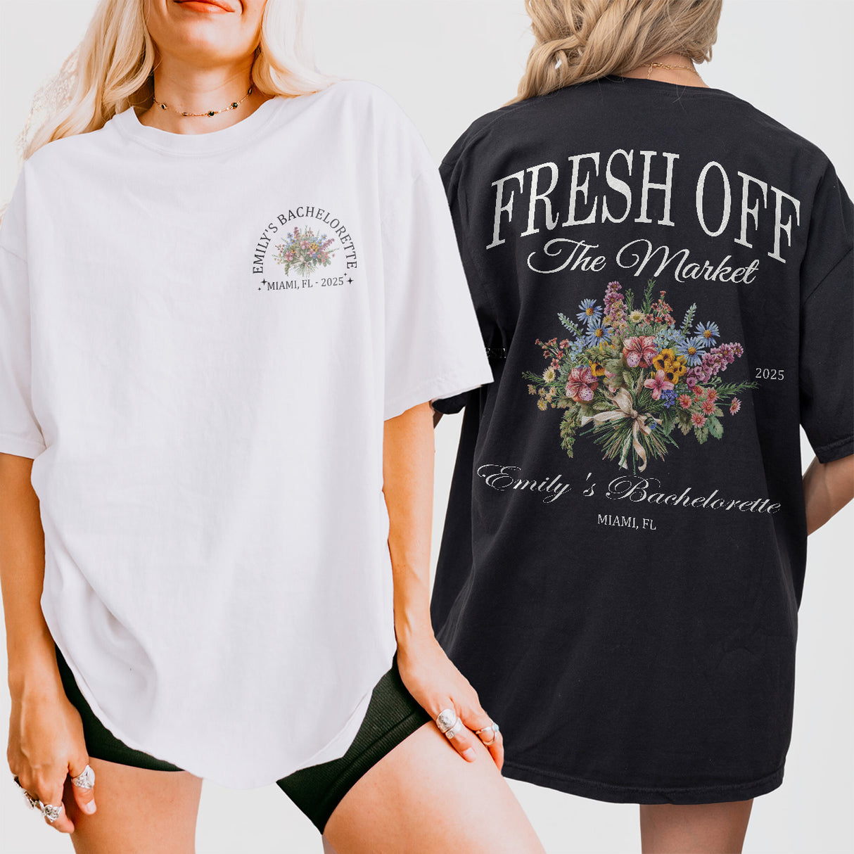 Matching floral wildflower shirts for the bridal party and personalized bride-to-be shirt for a garden-themed bachelorette celebration