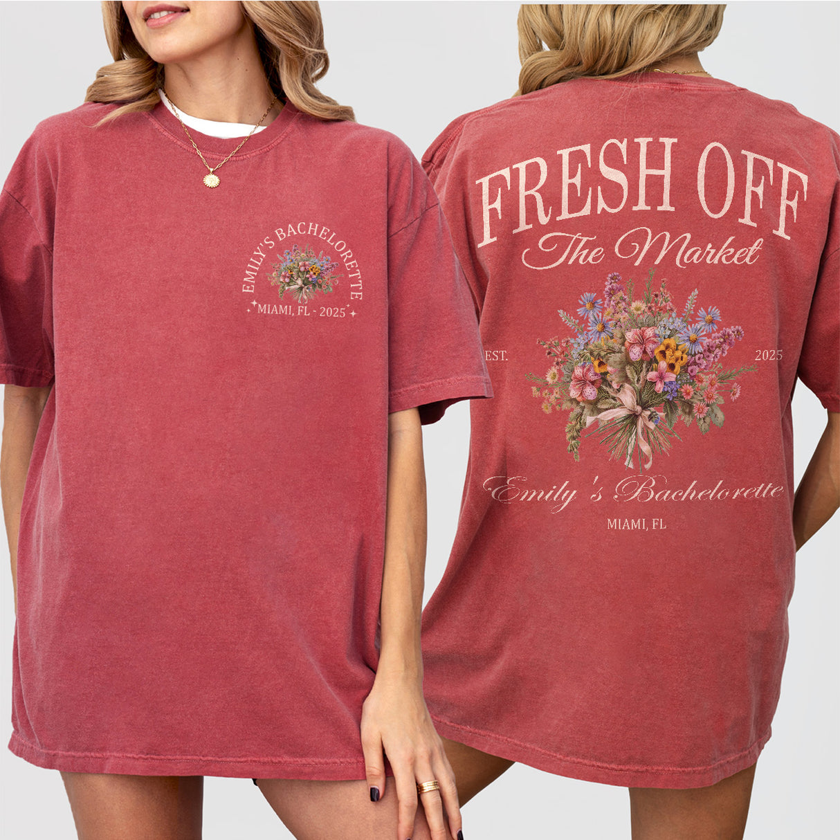 Crimson cotton bachelorette shirt with floral print and "Fresh Off the Market" text - perfect bridal party gift for wildflower themed celebrations