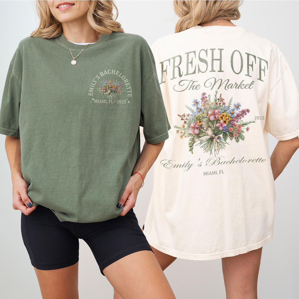 Matching wildflower print bachelorette shirts for the bridal party to coordinate in floral designs at the garden-themed bachelorette celebration