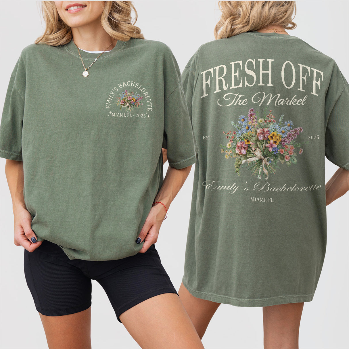 Moss green cotton bachelorette shirt with floral wildflower print for the bride to wear at her garden or nature-themed bridal party