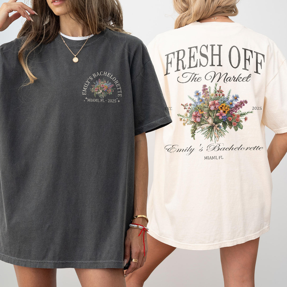 Matching floral shirts for the bridal party at a garden bachelorette party celebrating the soon-to-be bride