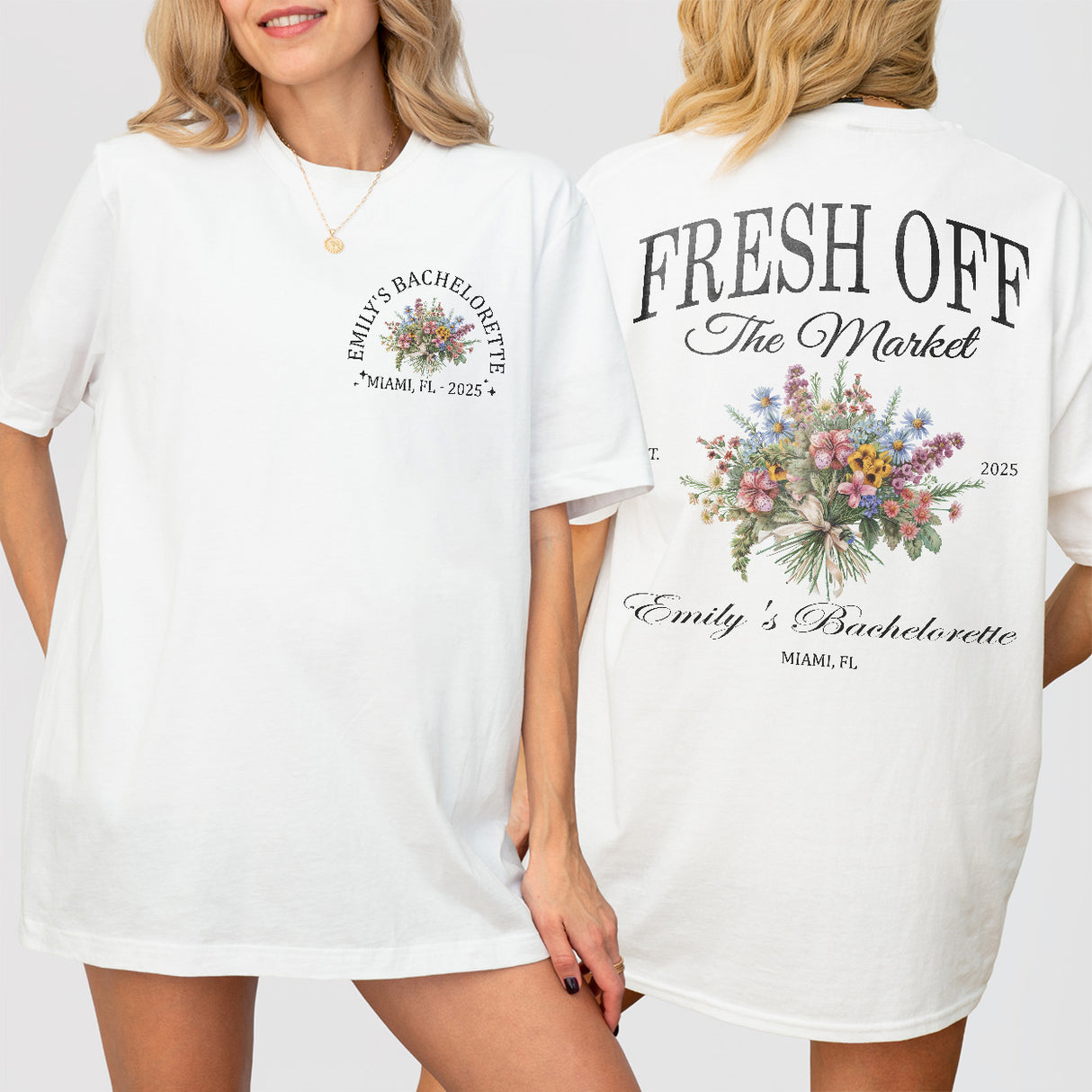 White cotton bachelorette party shirt with wildflower print, perfect for the bride to wear during her fresh off the market celebration