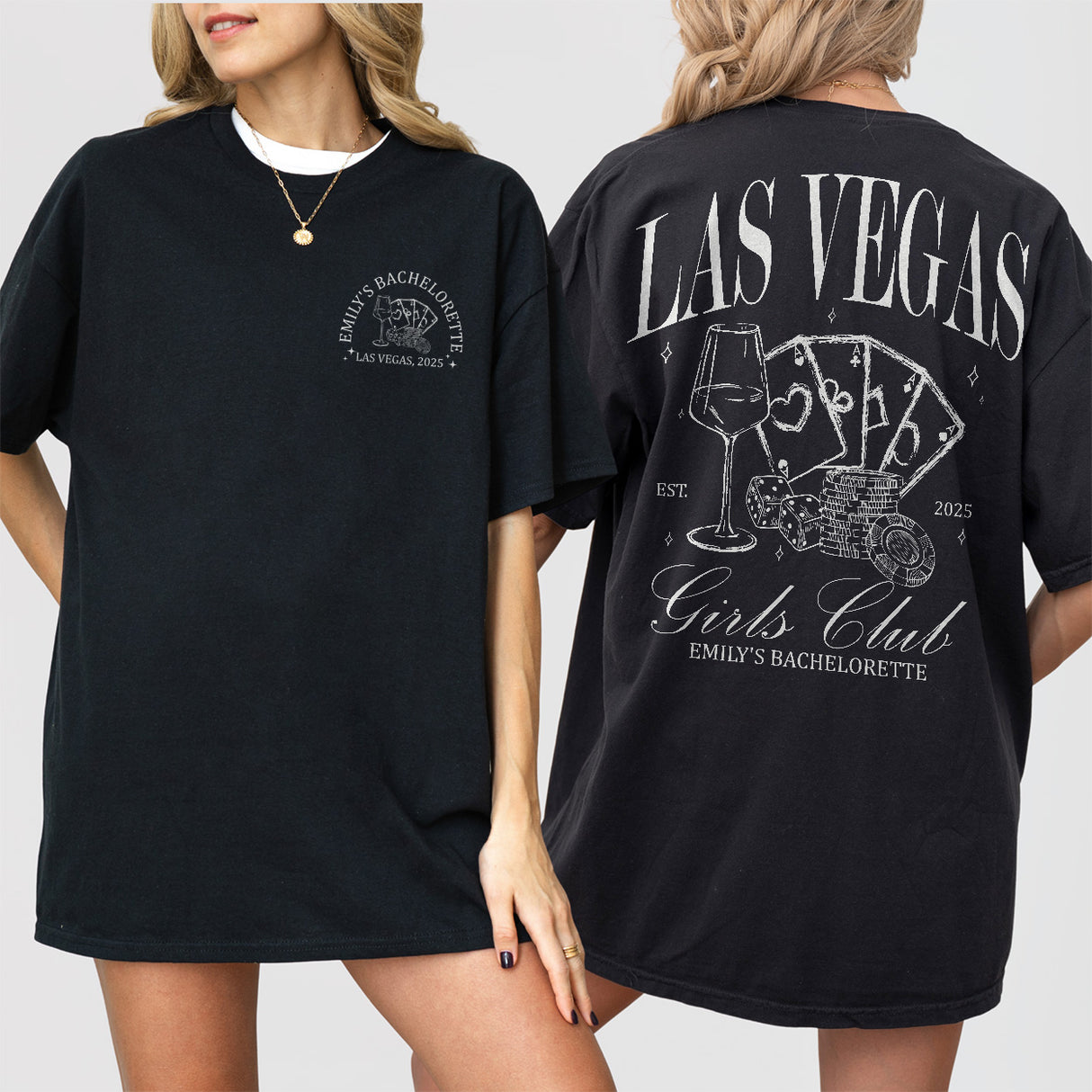 Retro casino style black bachelorette party shirt with vintage dice graphics, perfect for a fun Las Vegas bach trip with drinks