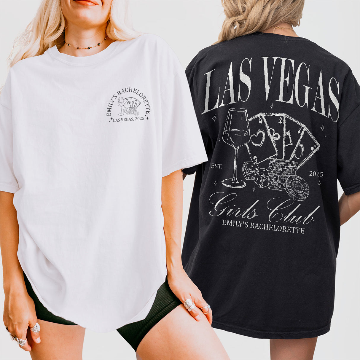 Retro casino-inspired matching shirts for a fun bachelorette party weekend in Las Vegas drinking, gambling, and celebrating the bride-to-be