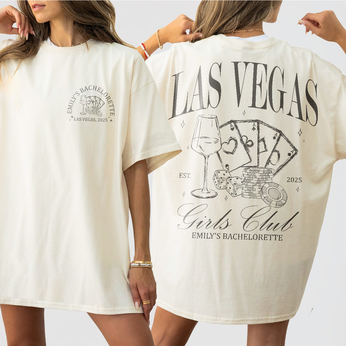 Ivory cotton bach party shirt featuring retro Las Vegas casino and dice designs, perfect for a luxury bachelorette trip