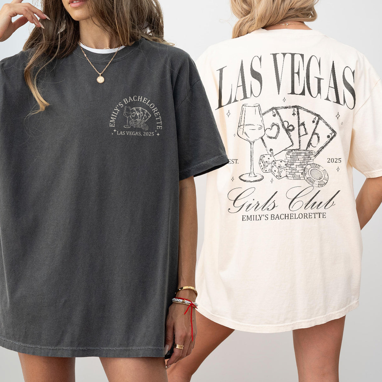 Matching retro casino-themed bachelorette party shirts for coordinating fun and luxury on a Las Vegas bach trip filled with drinks and dice