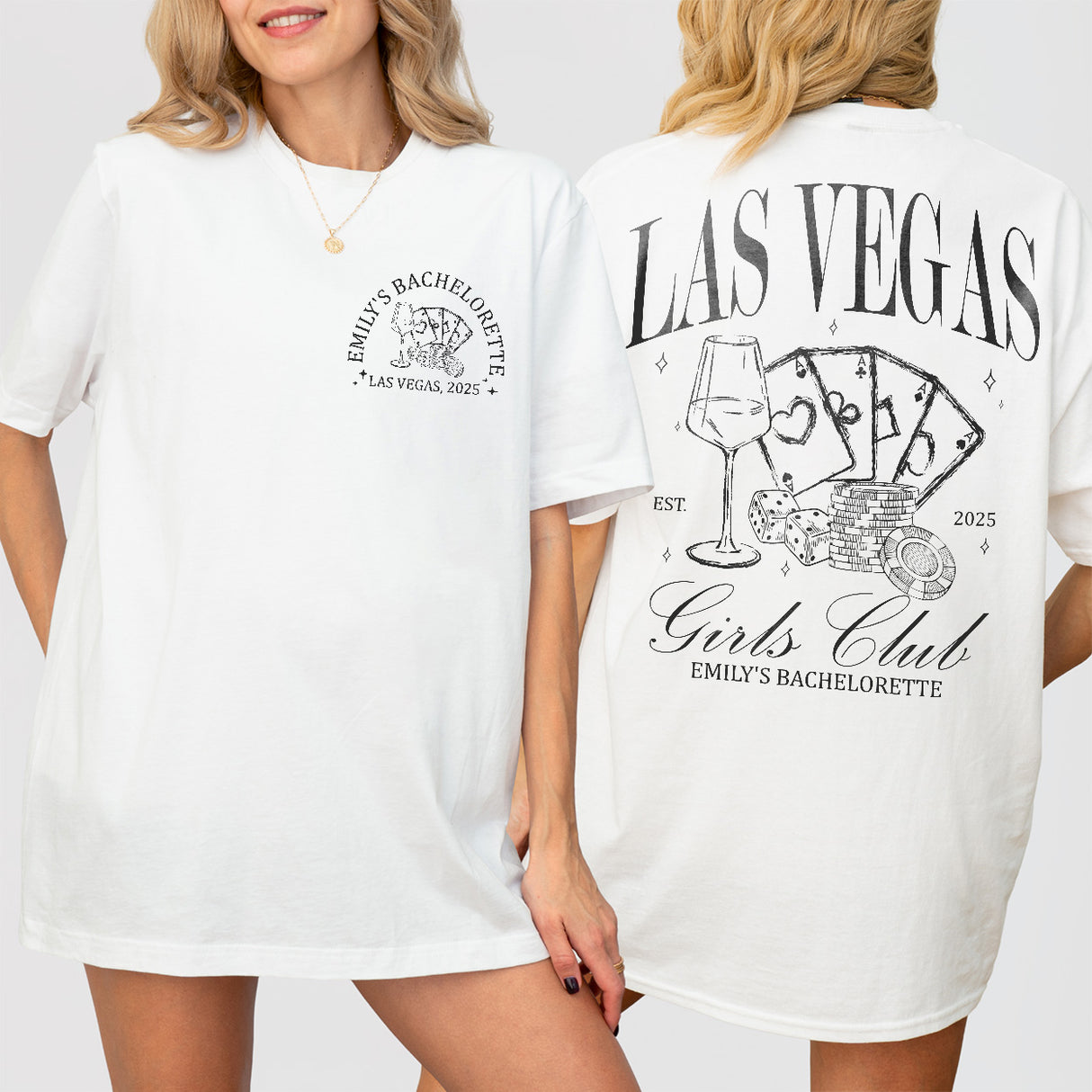 Custom white bachelorette party shirts with retro Las Vegas casino and dice designs - perfect for a luxury bach trip with drinking and gambling