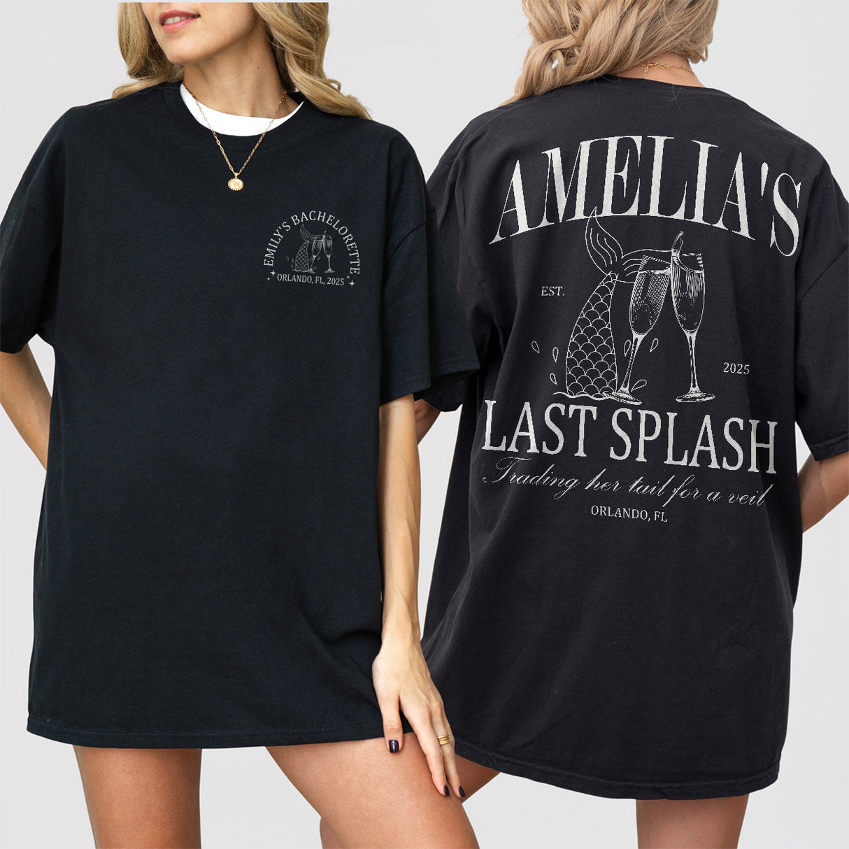 Custom Last Splash Bachelorette Party Shirt Personalized Mermaid Vacation Bridesmaid Long Sleeve Tshirt Bridal Party Matching Tee Bride Team - Black Product Image
