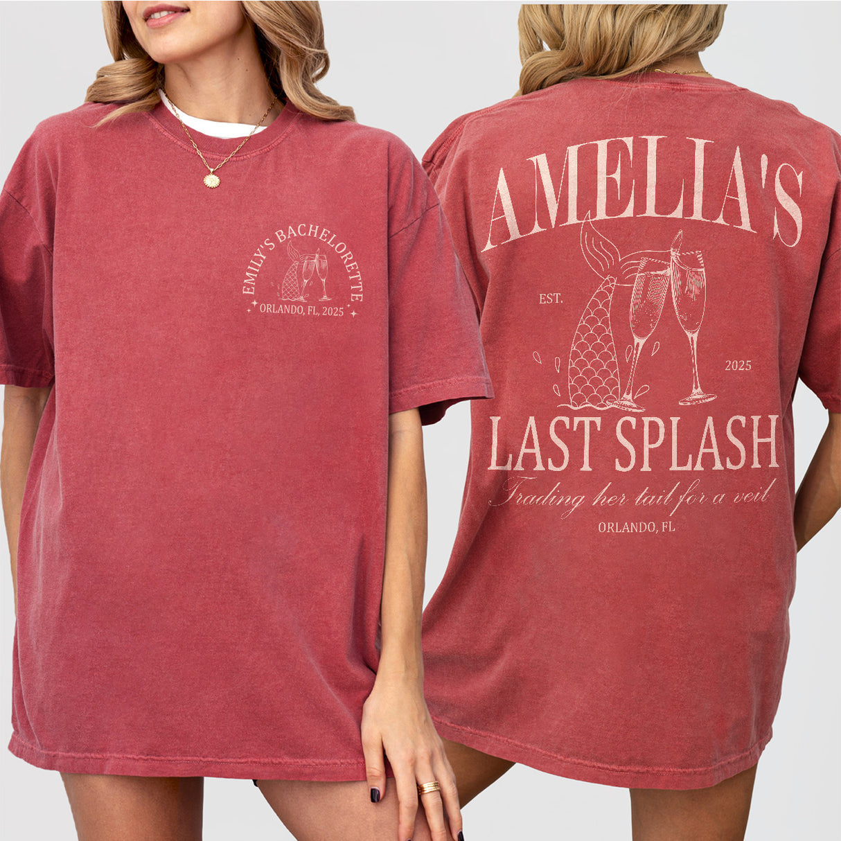 Custom Last Splash Bachelorette Party Shirt Personalized Mermaid Vacation Bridesmaid Long Sleeve Tshirt Bridal Party Matching Tee Bride Team - Crimson Product Image