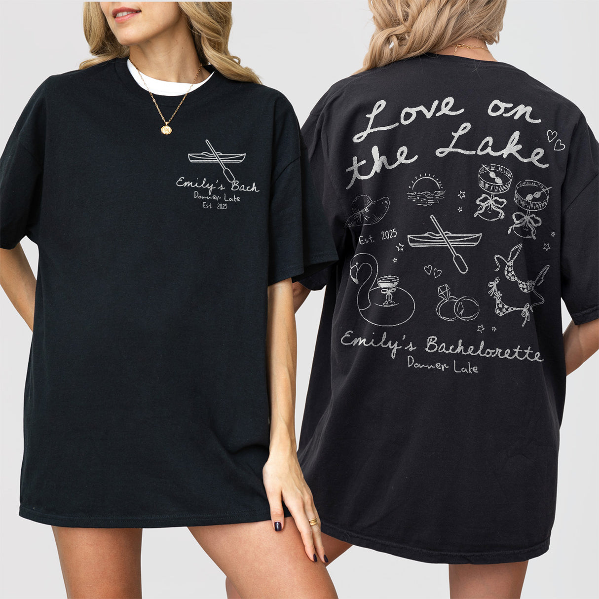 Black 100% cotton shirt for the lake bachelorette bride featuring a custom love on the lake design, perfect for camping or mountain bach parties